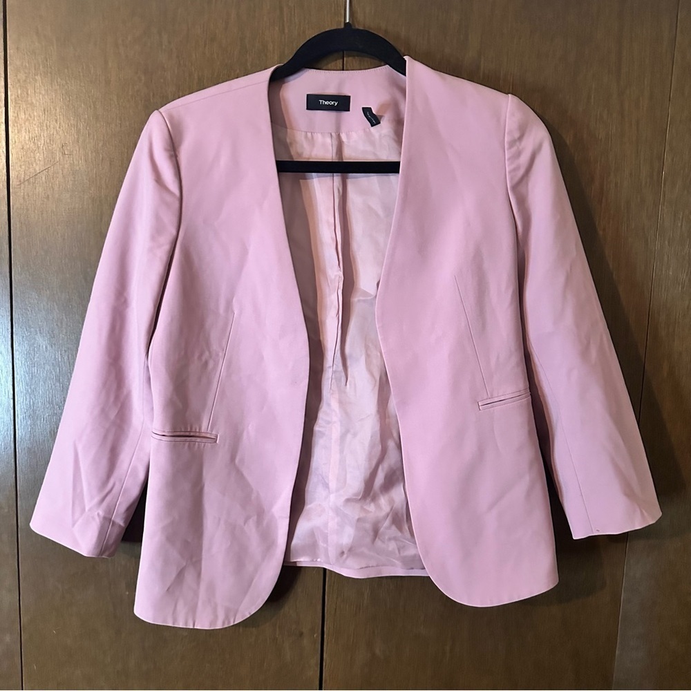 Theory Pink Berry Tint Lindrayia Blazer in Good Wool Lined Open Pockets Sz 4 - Picture 2 of 14